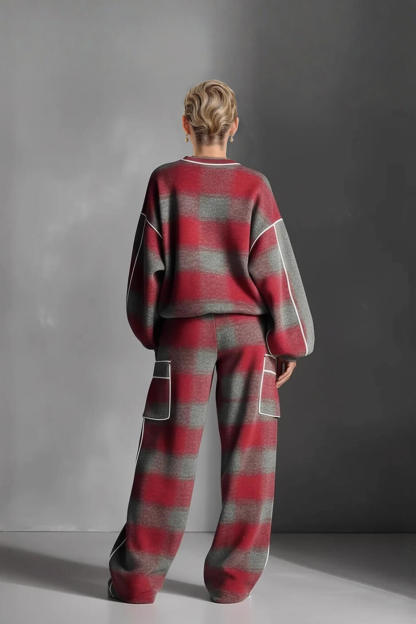 Fashion Street-Style Red And Gray Plaid Color-Block Wide-Leg Pants