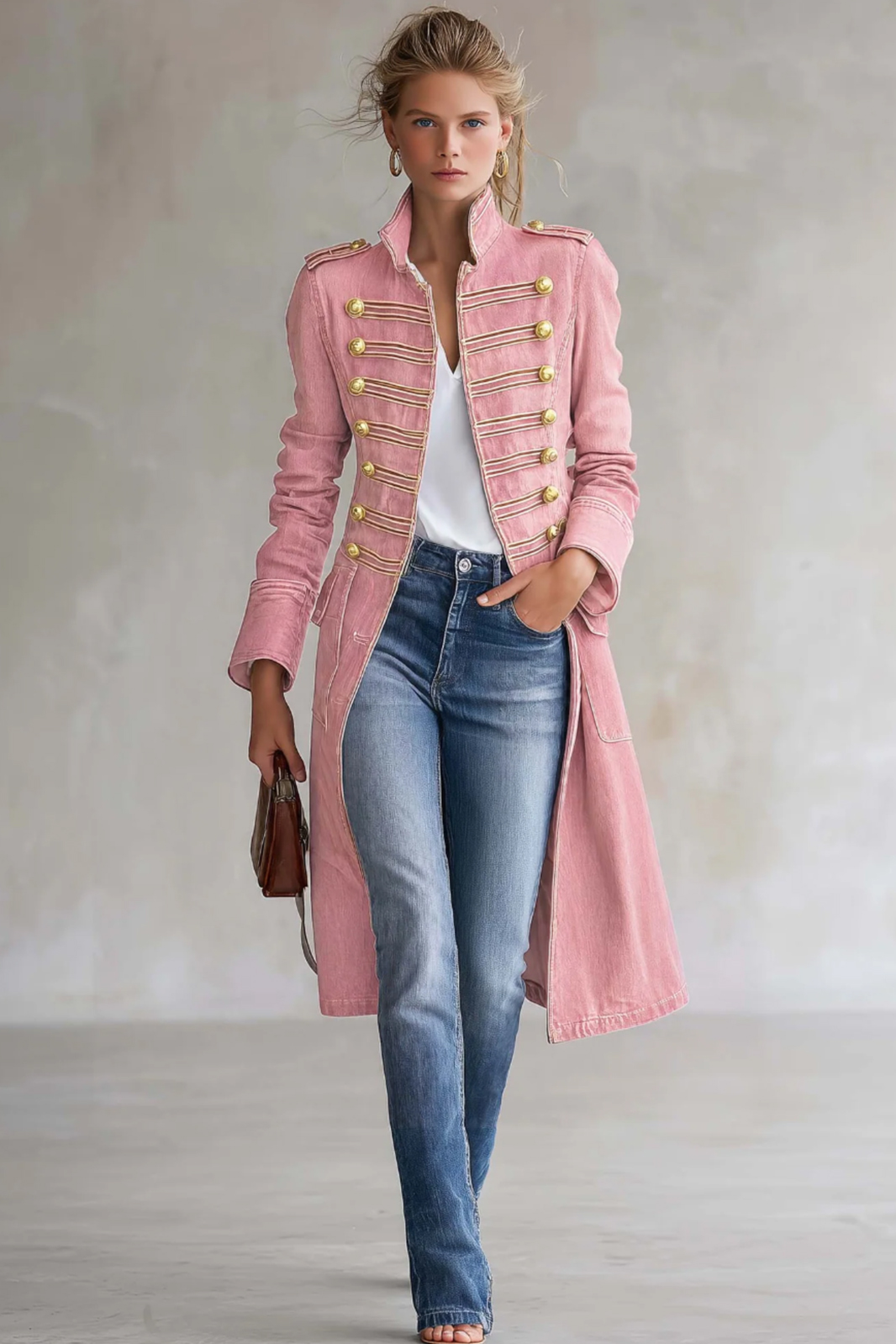 Vintage Washed Denim Military Officer Longline Gold Button Fitted Statement Coat Women