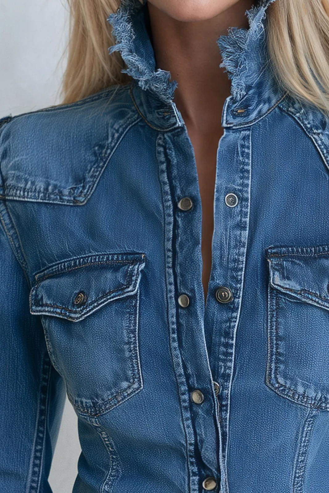 Denim Jacket Frayed Stand Collar Button Pocket Slim Coat