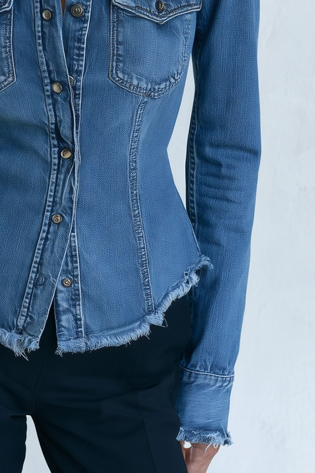 Denim Jacket Frayed Stand Collar Button Pocket Slim Coat