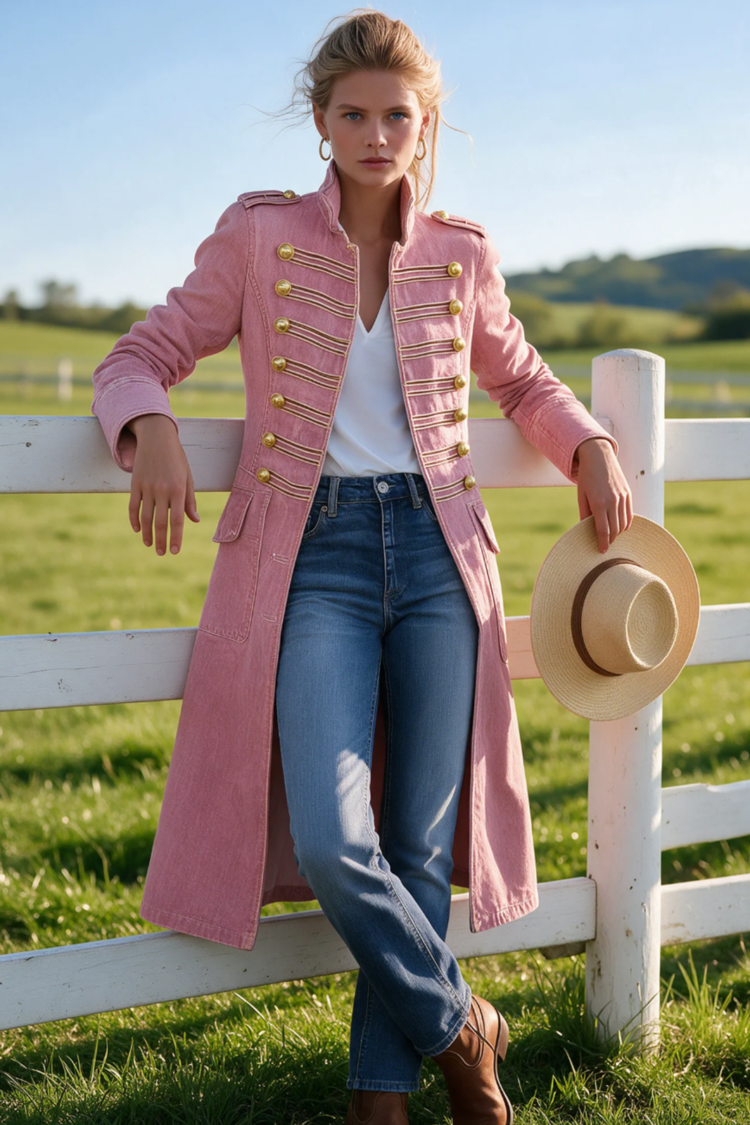 Vintage Washed Denim Military Officer Longline Gold Button Fitted Statement Coat Women
