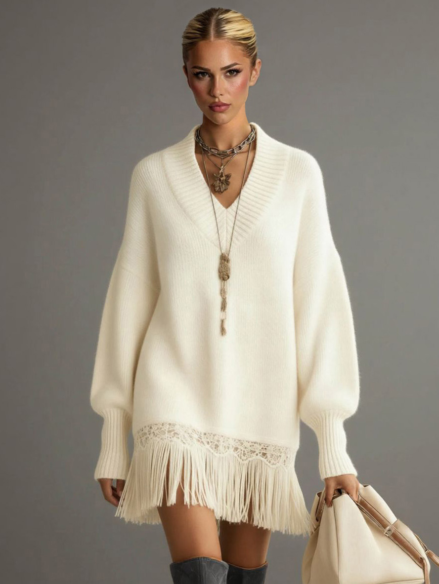 Casual Tassel V-Neck Sweater Dress
