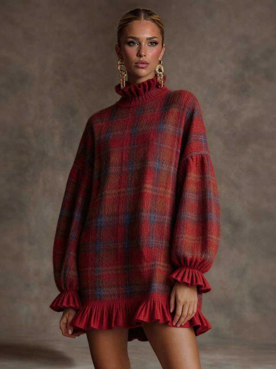Casual Plaid Fun Ruffle Sweater Dress