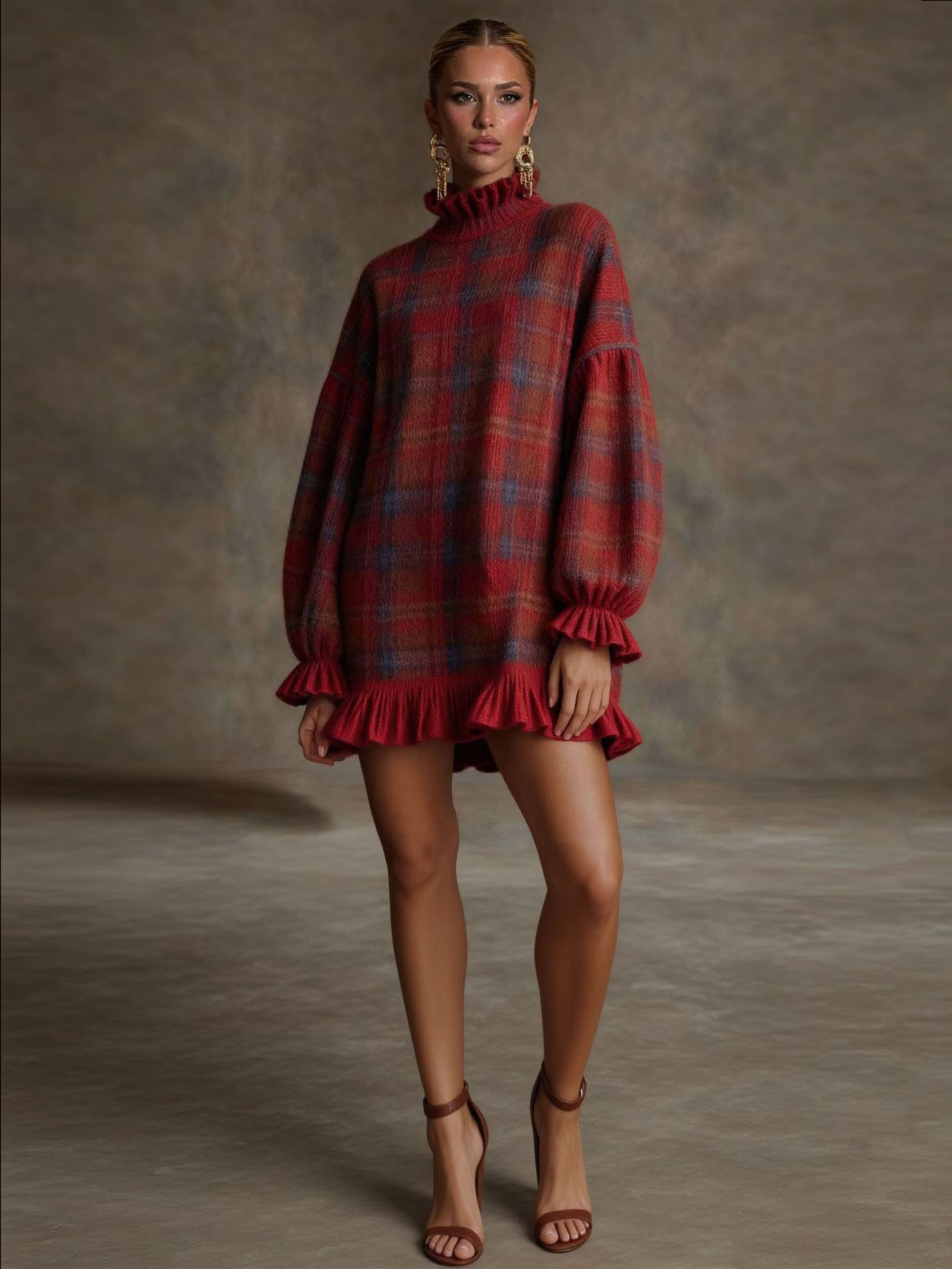 Casual Plaid Fun Ruffle Sweater Dress