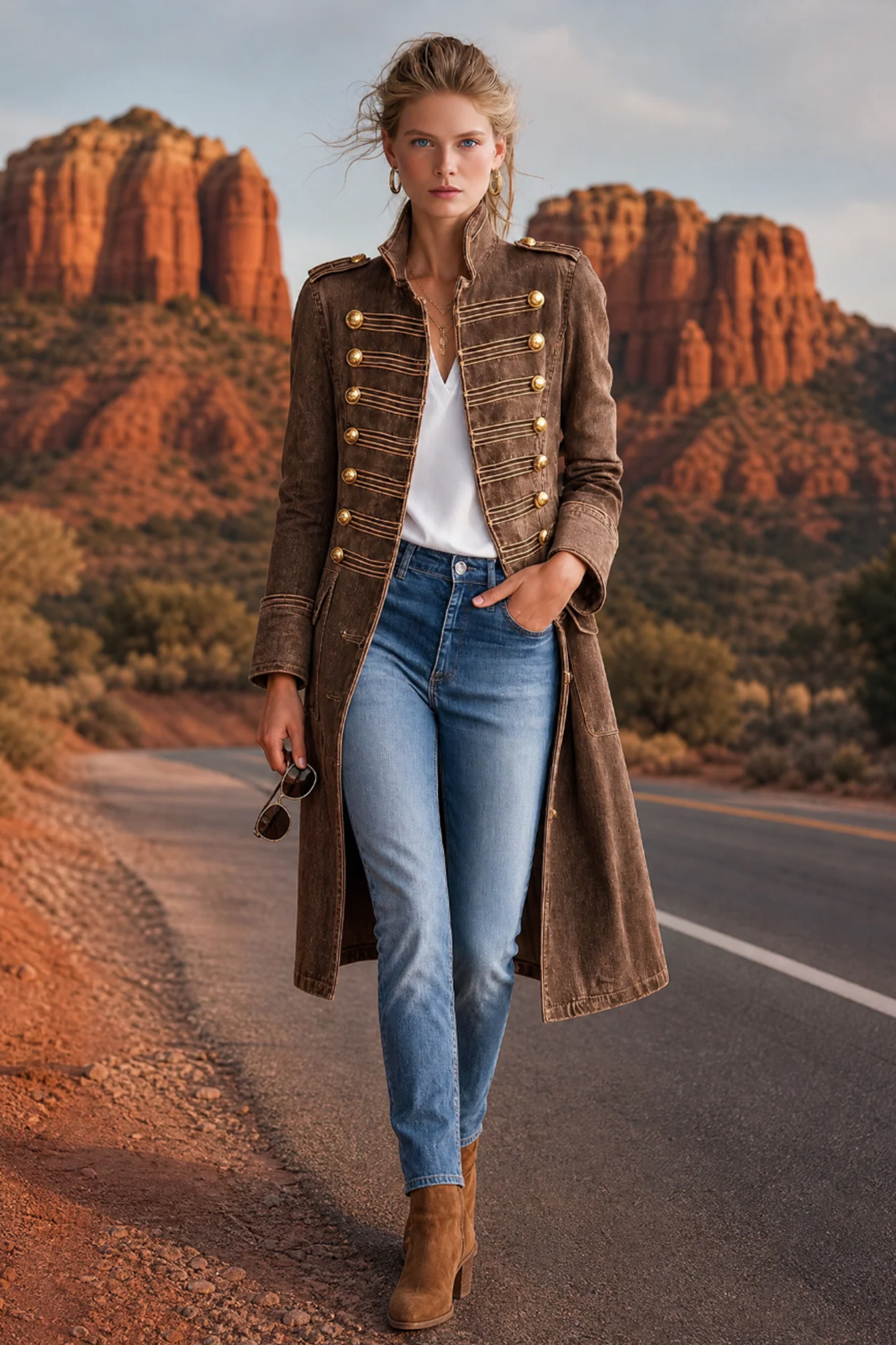 Vintage Washed Denim Military Officer Longline Gold Button Fitted Statement Coat Women