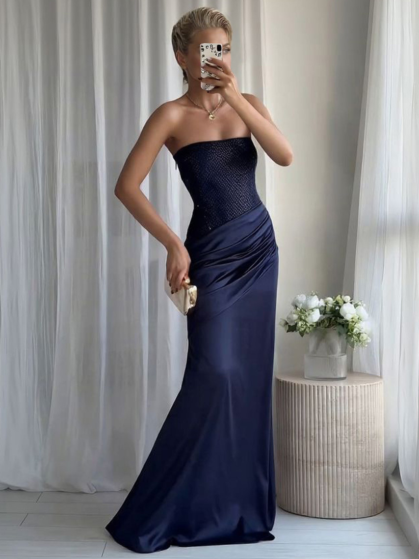 Elegant Strapless Rhinestone Pleated Party Dress