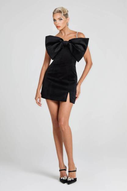 Exquisite Off-Shoulder Statement Bow Black Mini Dress