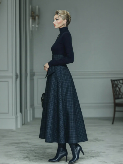 Exquisite High-neck Stretch Top And Plaid Skirt Two-piece Set