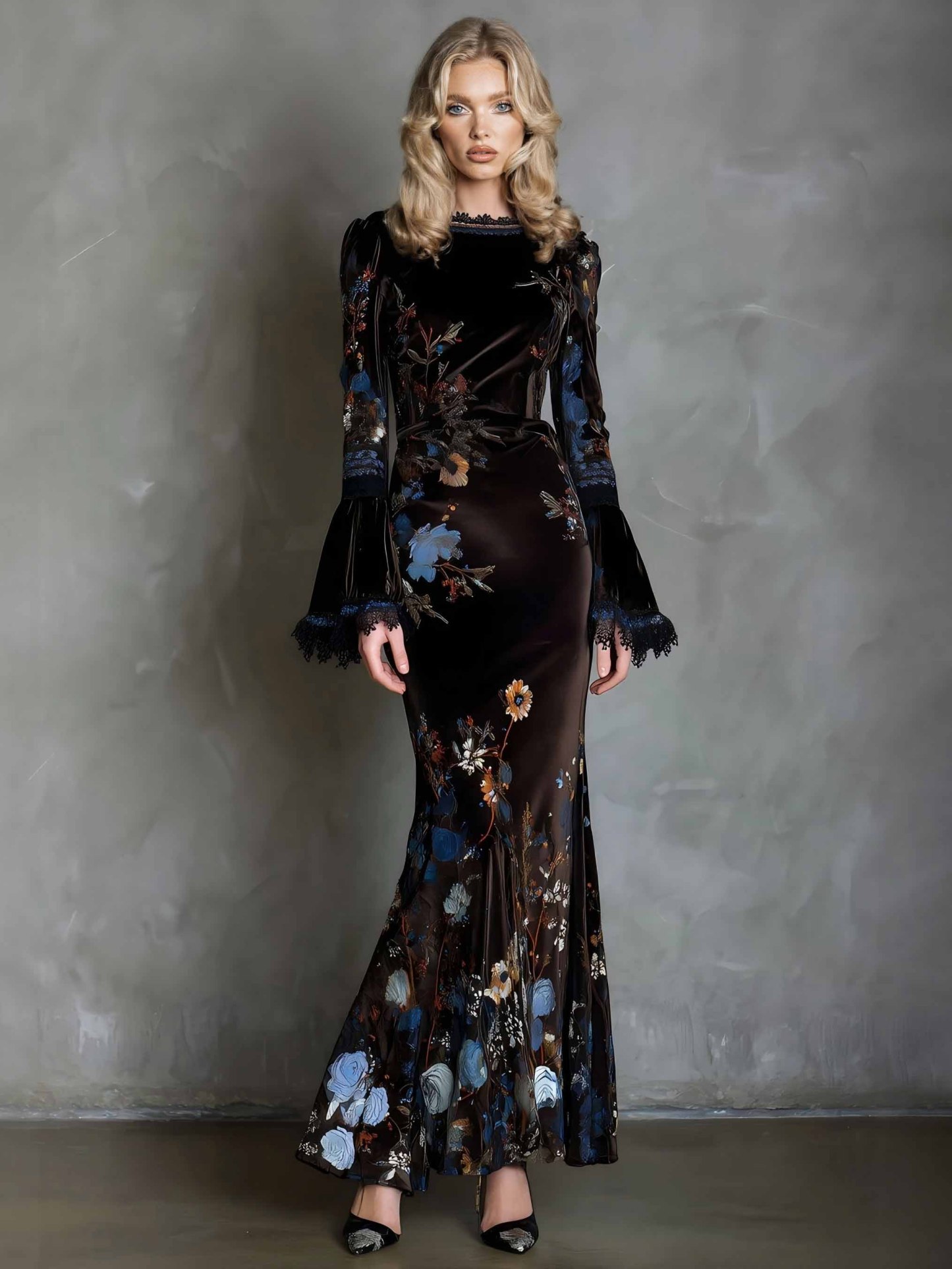 Elegant Velvet Floral Print Lace Flared Sleeve Fishtail Maxi Dress