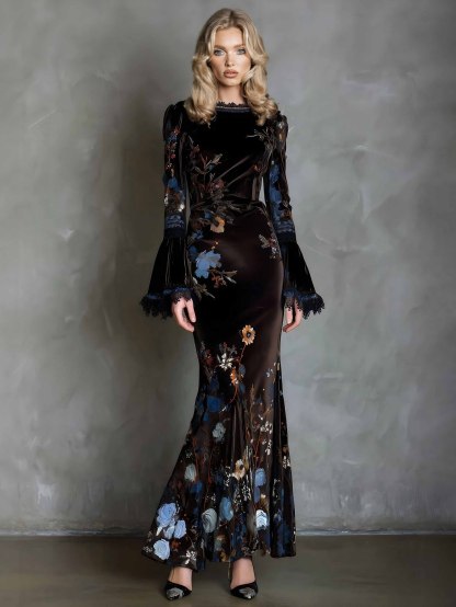 Elegant Velvet Floral Print Lace Flared Sleeve Fishtail Maxi Dress