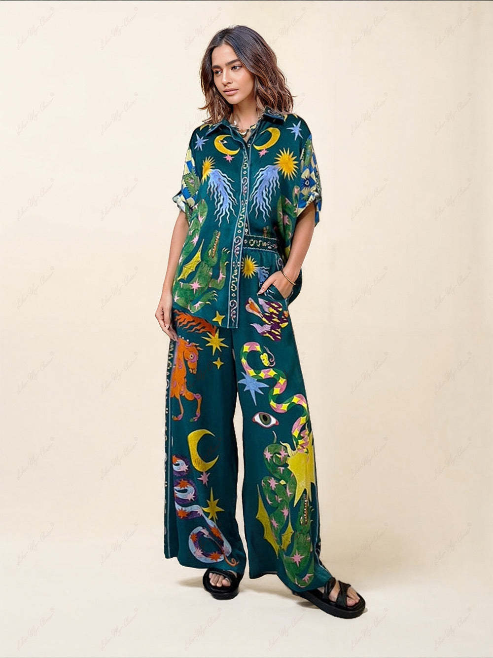 Unique Print Elastic Waist Pocketed Wide Leg Pants Set