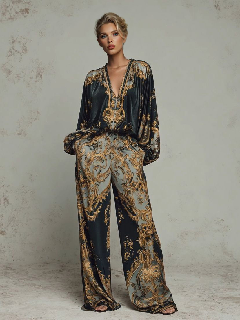 Retro Baroque Print Deep V-Neck Relaxed Fit Blouse