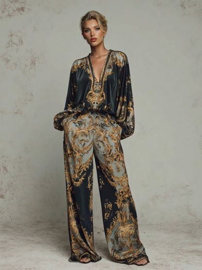 Retro Baroque Print Deep V-Neck Relaxed Fit Blouse