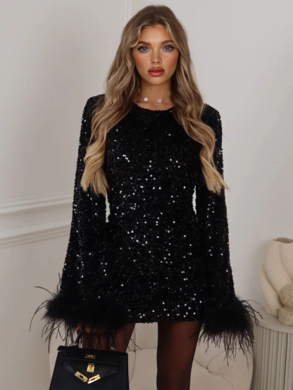 Elegant Sequined Fur Cuff Mini Dress