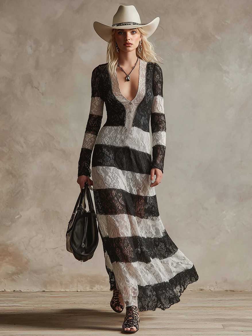 Exquisite Retro Black And White Lace Striped Maxi Dress