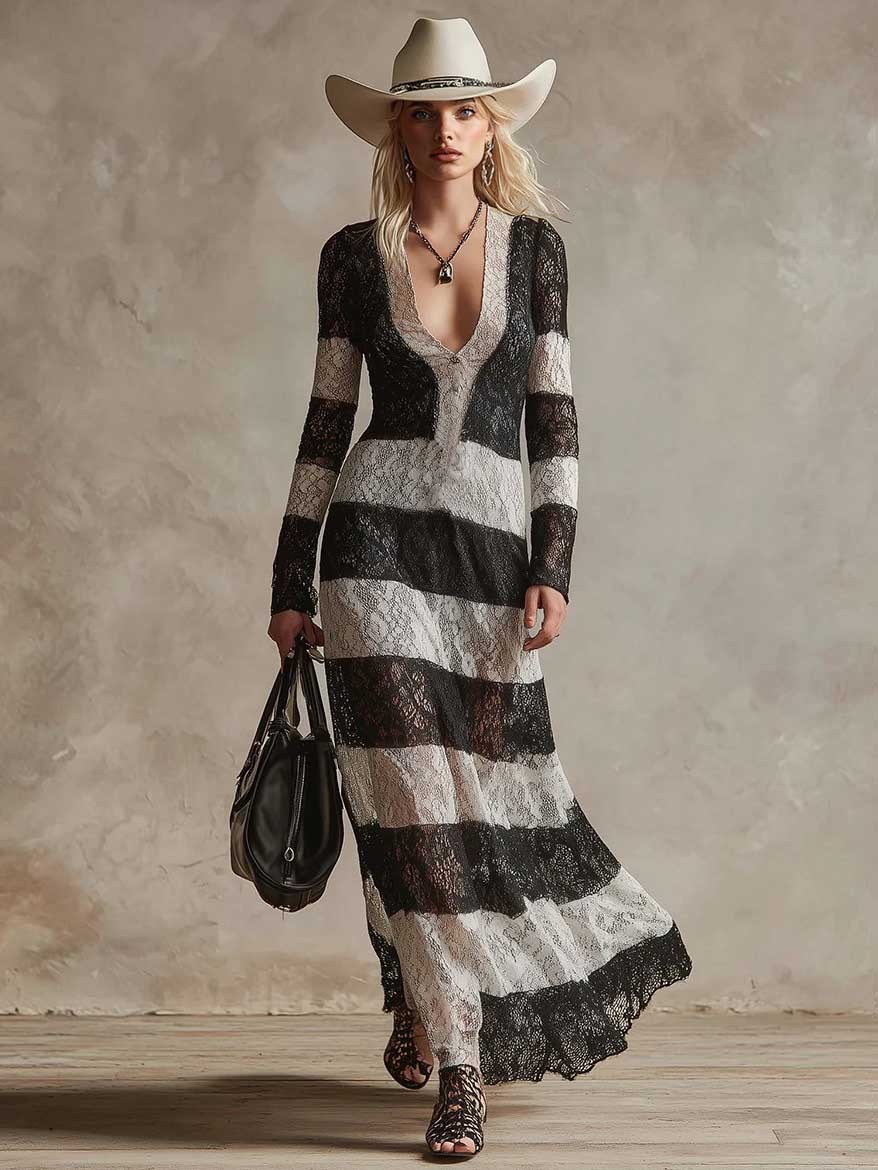 Exquisite Retro Black And White Lace Striped Maxi Dress