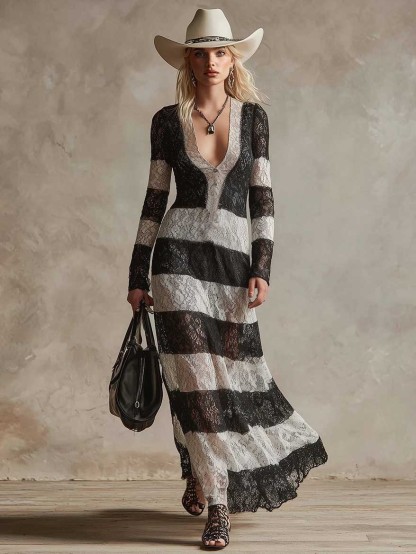 Exquisite Retro Black And White Lace Striped Maxi Dress