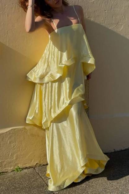 Elegant Three-layer Ruffle Sling Maxi Dress