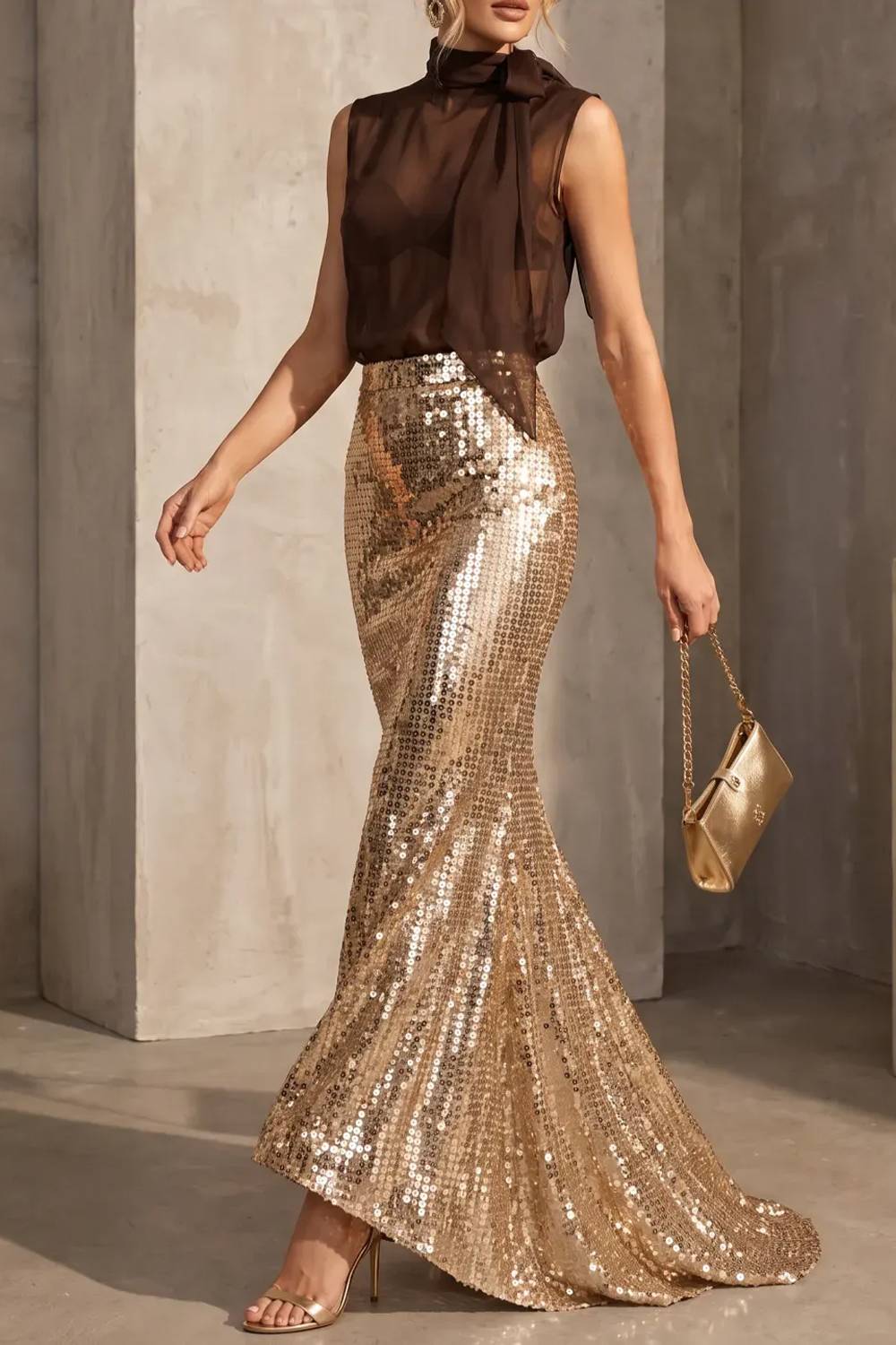 Sleeveless Bow Mock Neck Sheer Top & Sequin Mermaid Maxi Skirt Two‑Piece Set