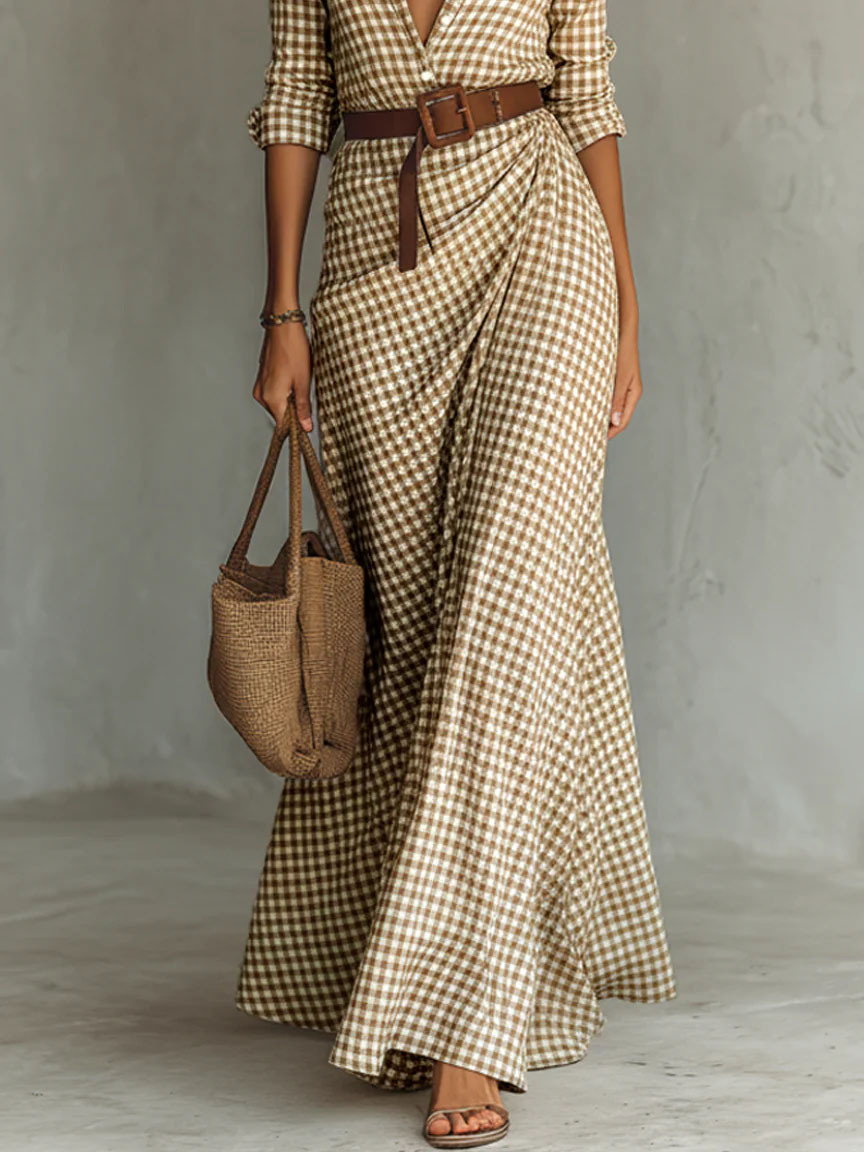 Classic Plaid Shirt Collar Maxi Dress