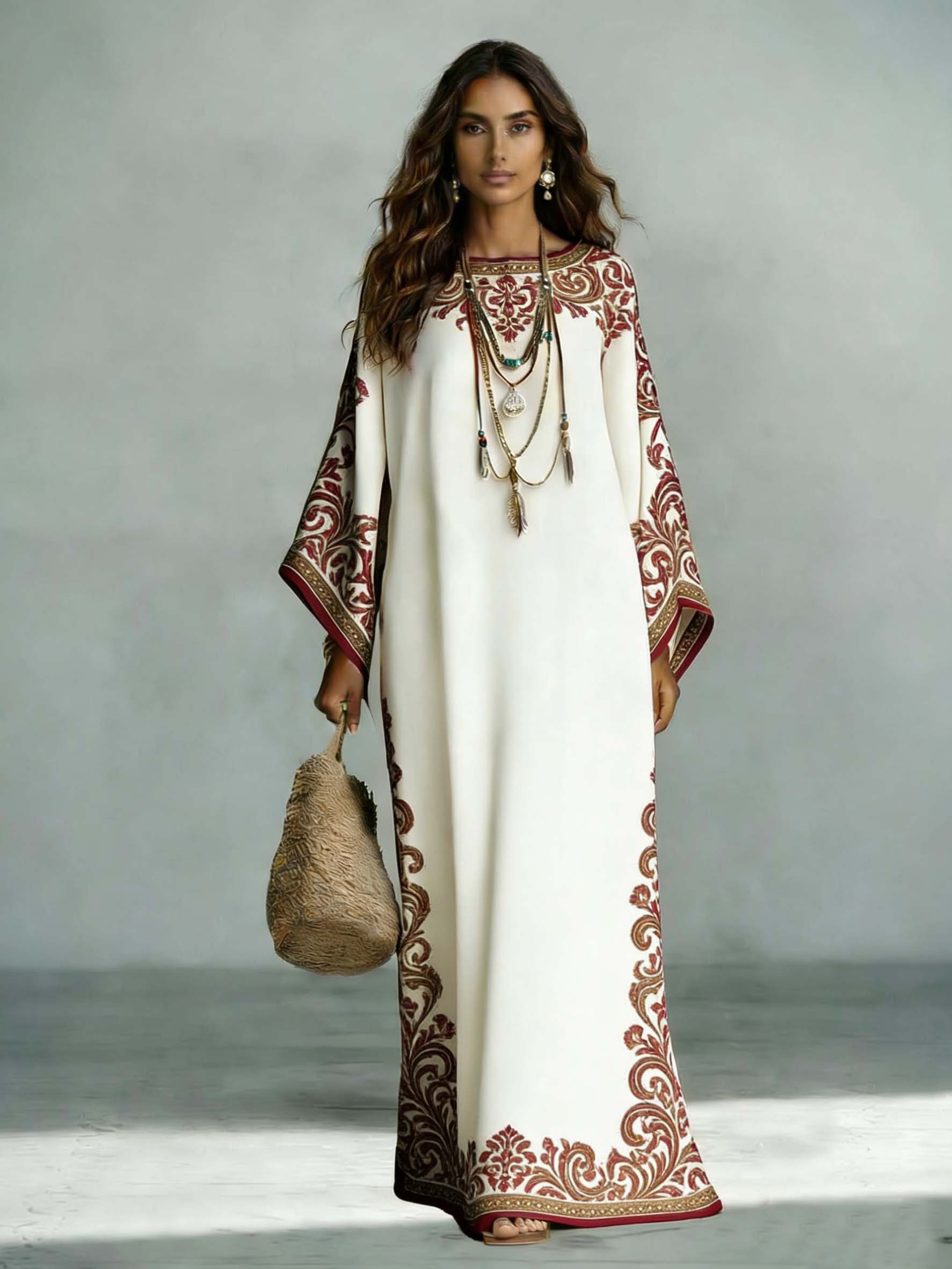 Elegant Bohemian Satin Floral Print Batwing Sleeve Maxi Dress