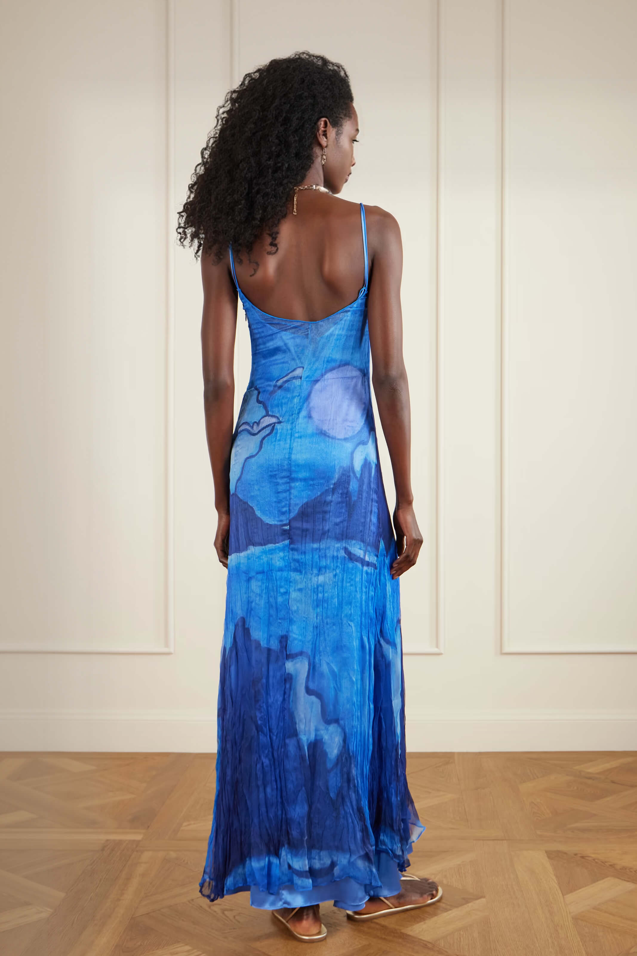 Retro Pleated Print Chiffon Slip Maxi Dress