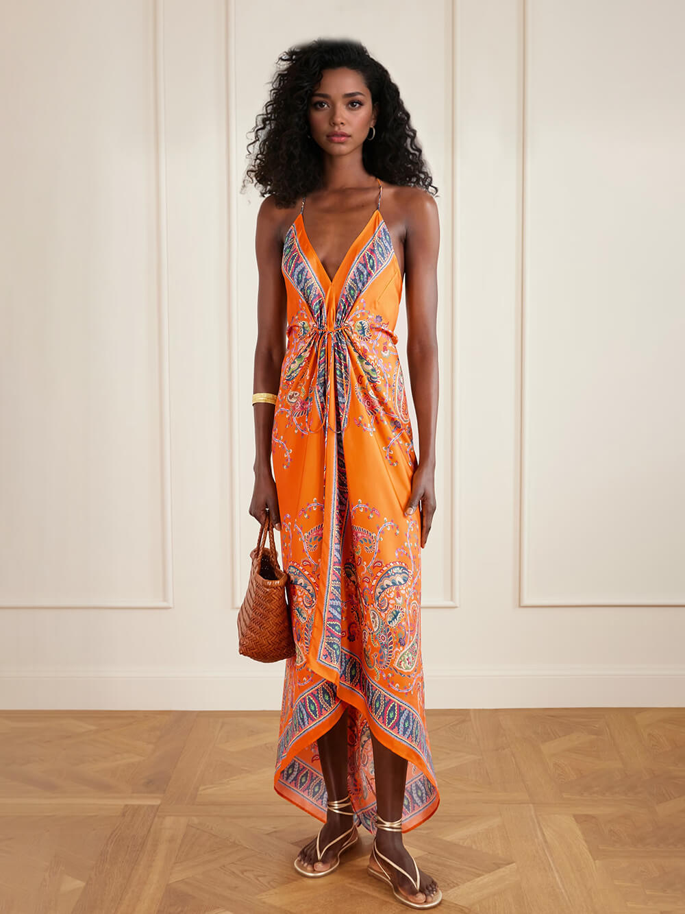 Retro Paisley Print Satin Twill Backless Spaghetti Strap Maxi Dress