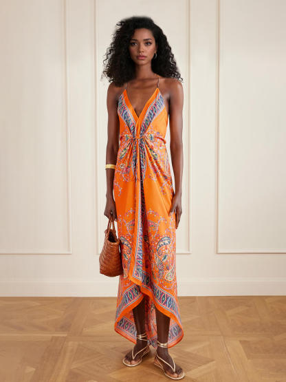 Retro Paisley Print Satin Twill Backless Spaghetti Strap Maxi Dress