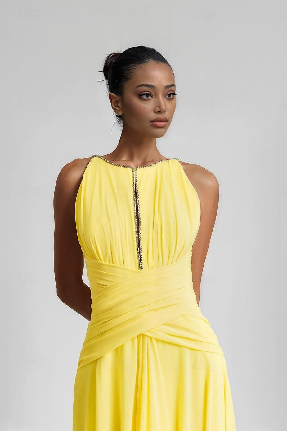 Elegant Rhinestone Pleated Sleeveless Chiffon A-Line Maxi Dress