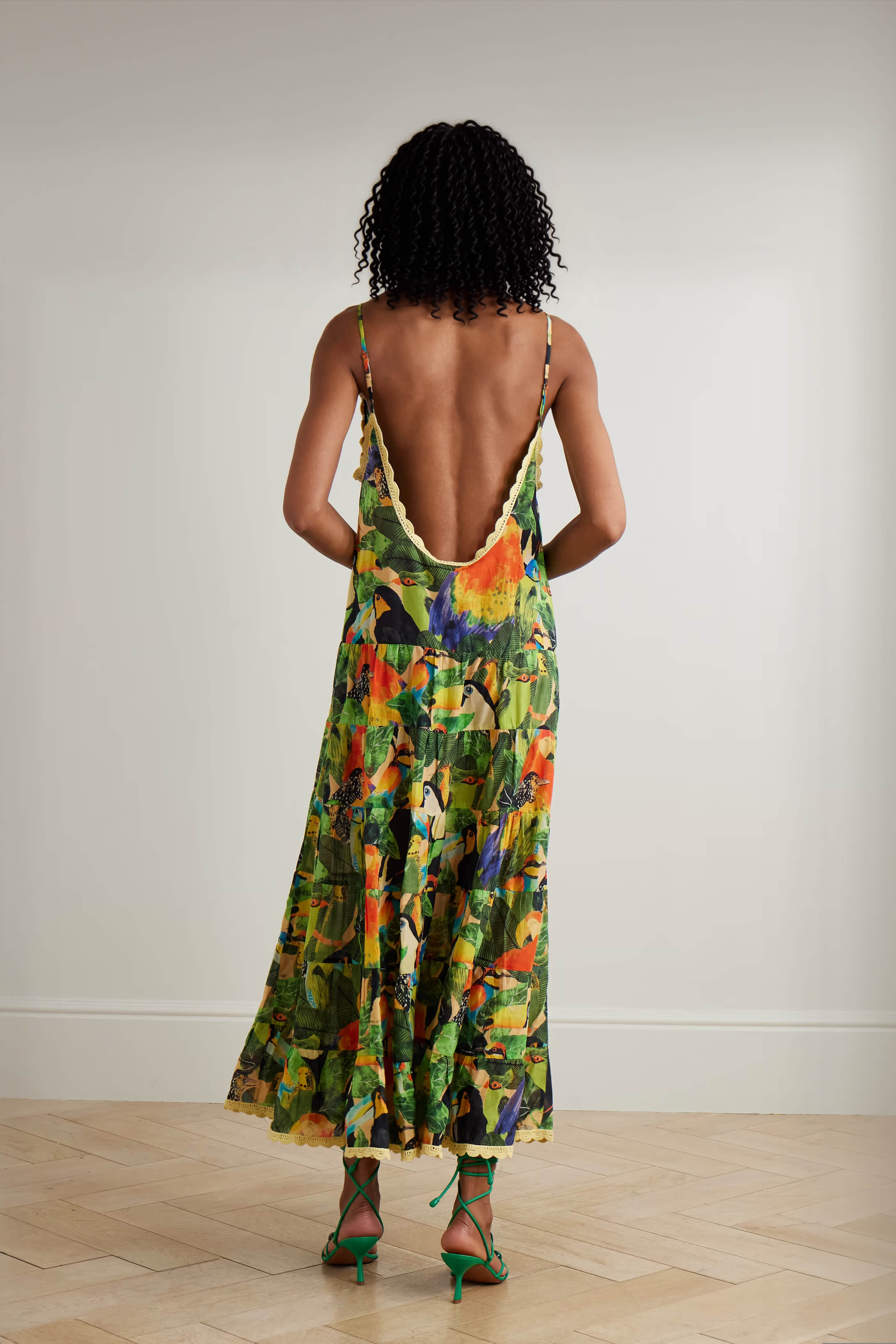 Retro Unique Bird and Leaf Pattern Print Lace Trim Maxi Dress