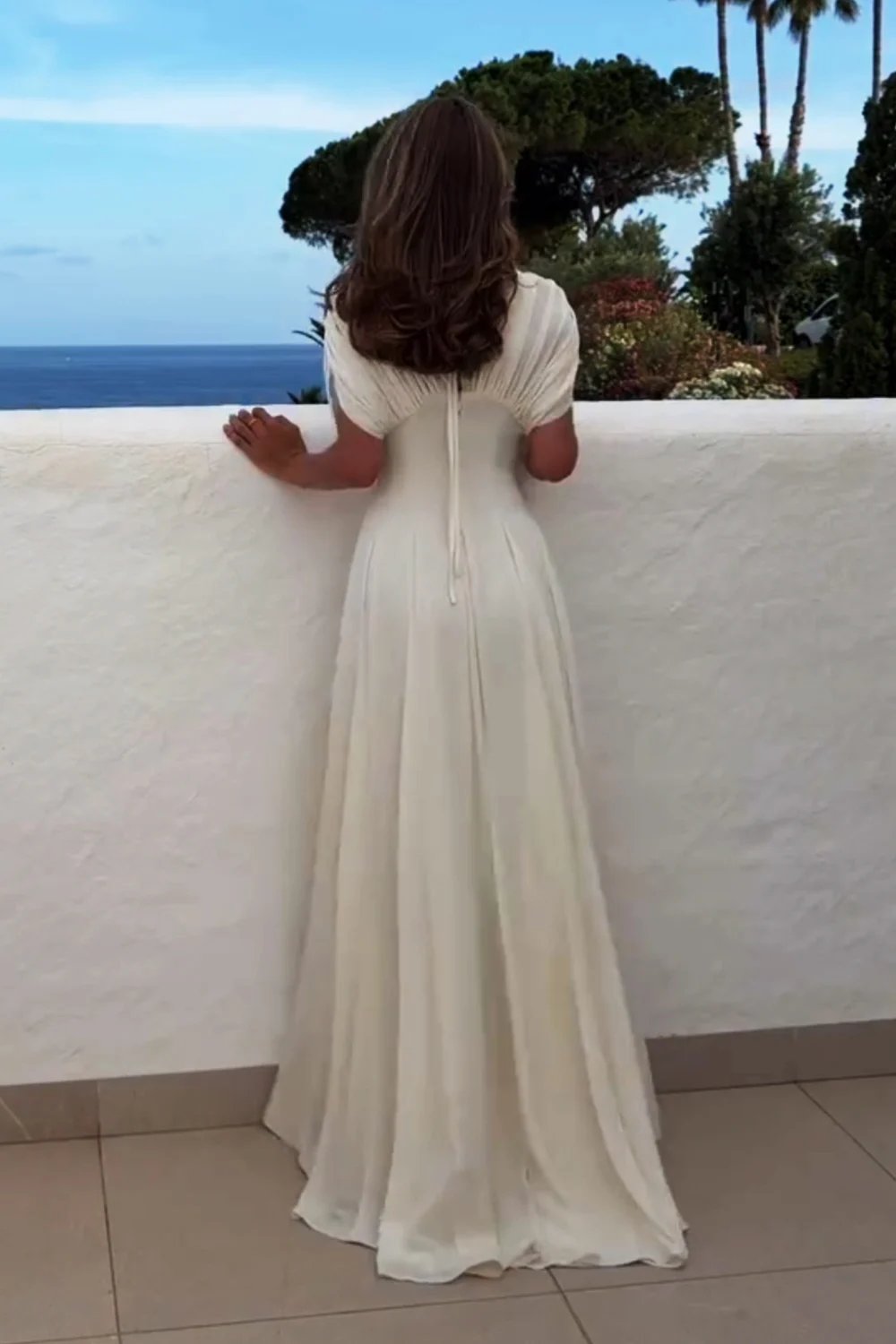 Elegant Pleated Bodice V-Neck Flowy A-Line Maxi Dress Evening Gown
