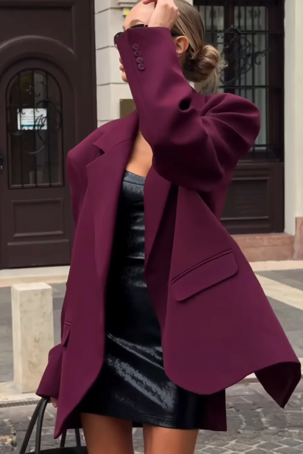 Women's Burgundy Oversized Single-Breasted Blazer with Notched Lapel