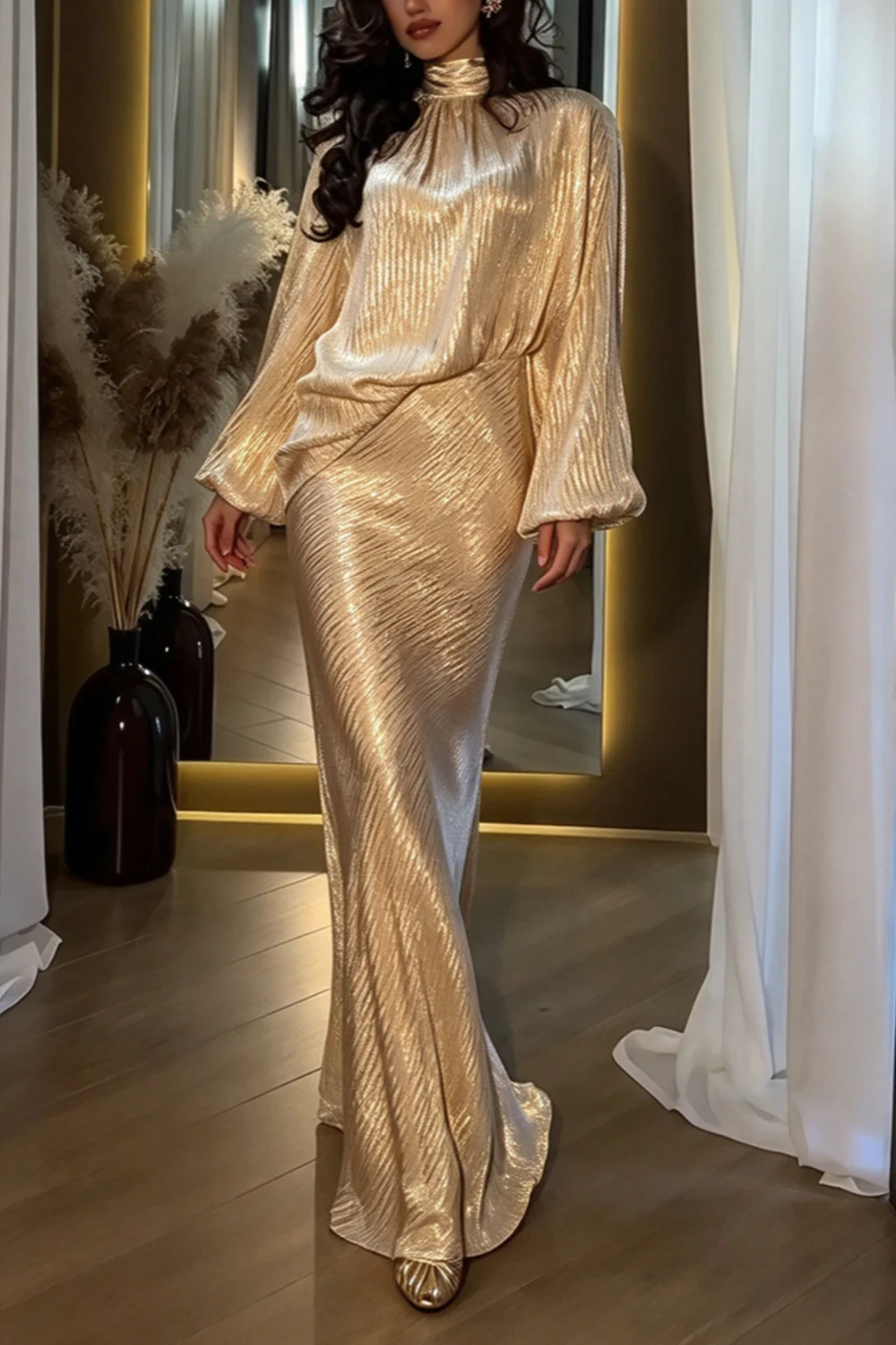 Champagne Gold Metallic High Neck Lantern Sleeve Evening Maxi Dress