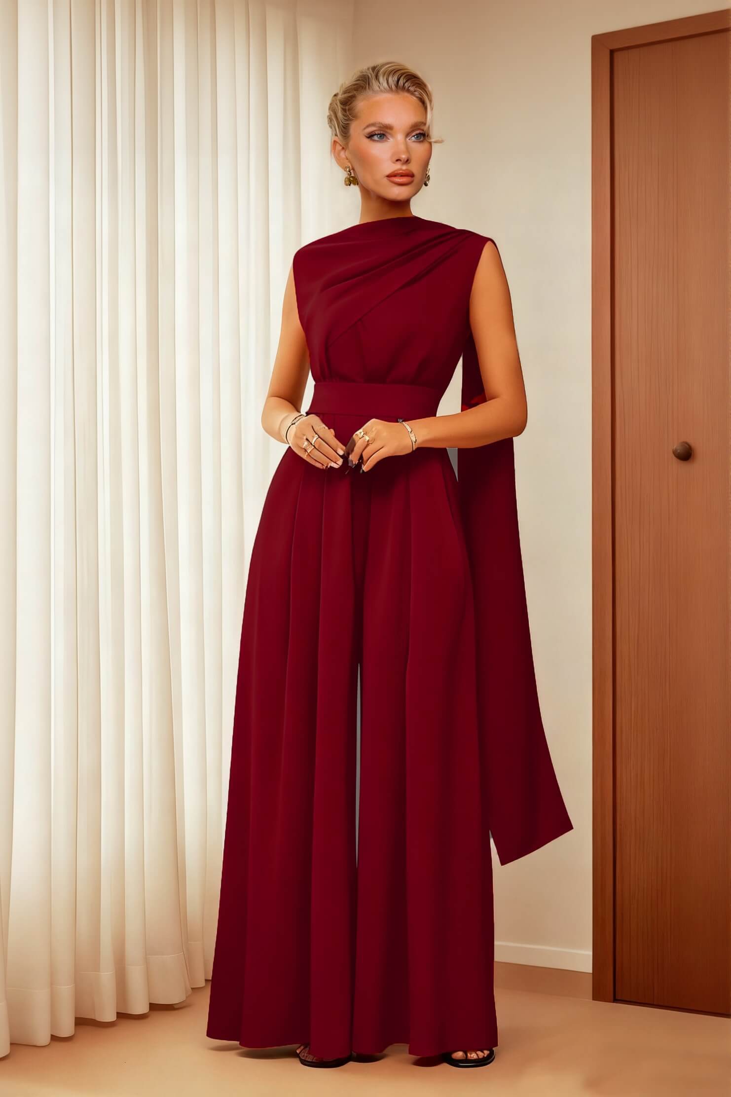 Exquisite Burgundy Draped Pleated Loose Wide-Leg Jumpsuit