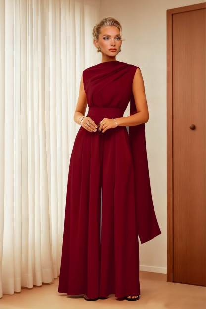 Exquisite Burgundy Draped Pleated Loose Wide-Leg Jumpsuit