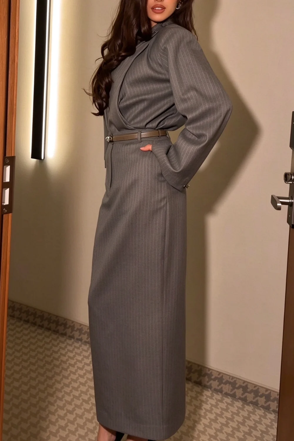Grey Pinstripe Asymmetric High Neck Long Sleeve Top and Maxi Skirt Two Piece Set [erp-image:b7d9cb37de097426e20a1e25]