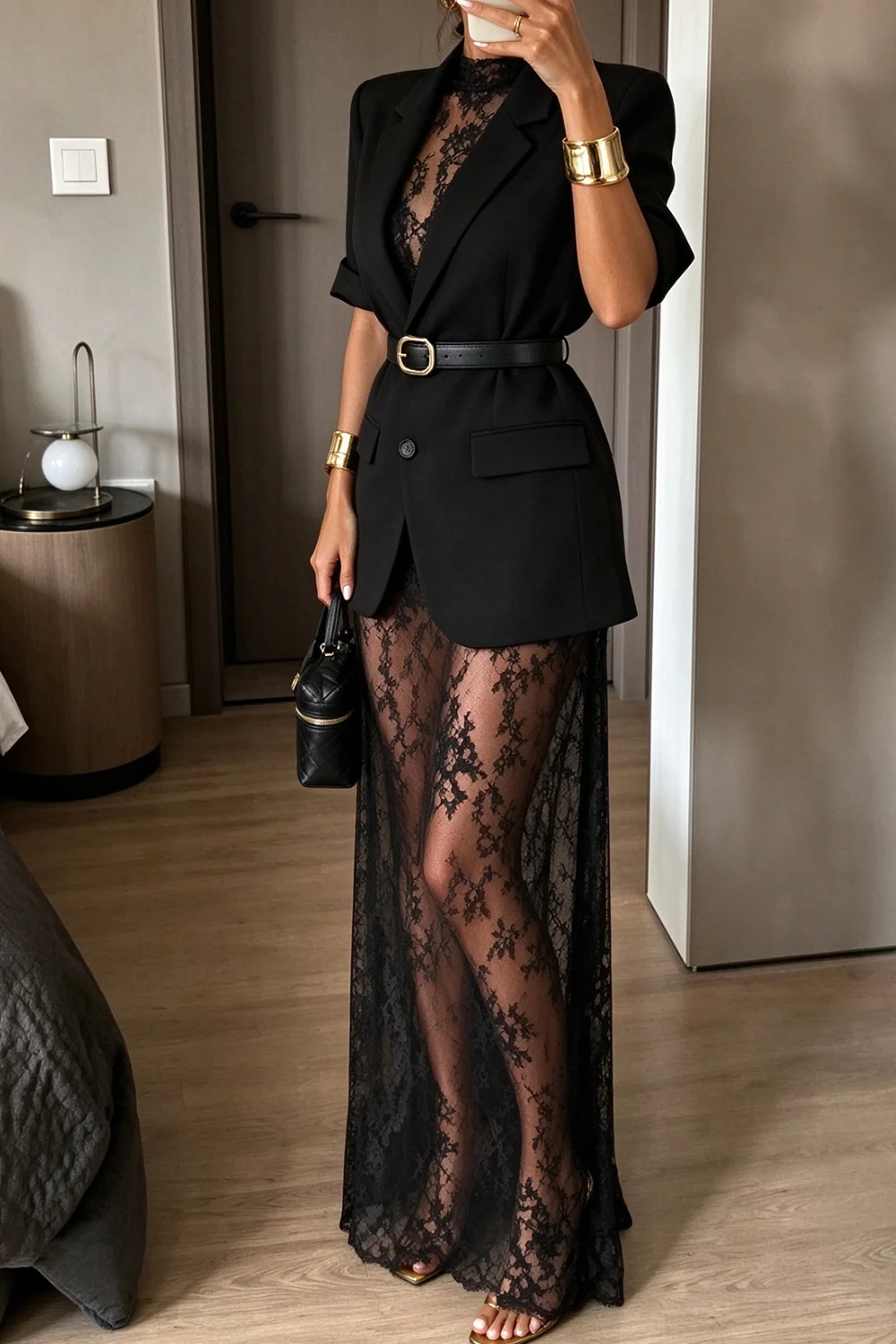 Black Short Sleeve Blazer Jacket and Sheer Lace Maxi Dress Two Piece Set [erp-image:2b9dc8d962b633a712cb8690]