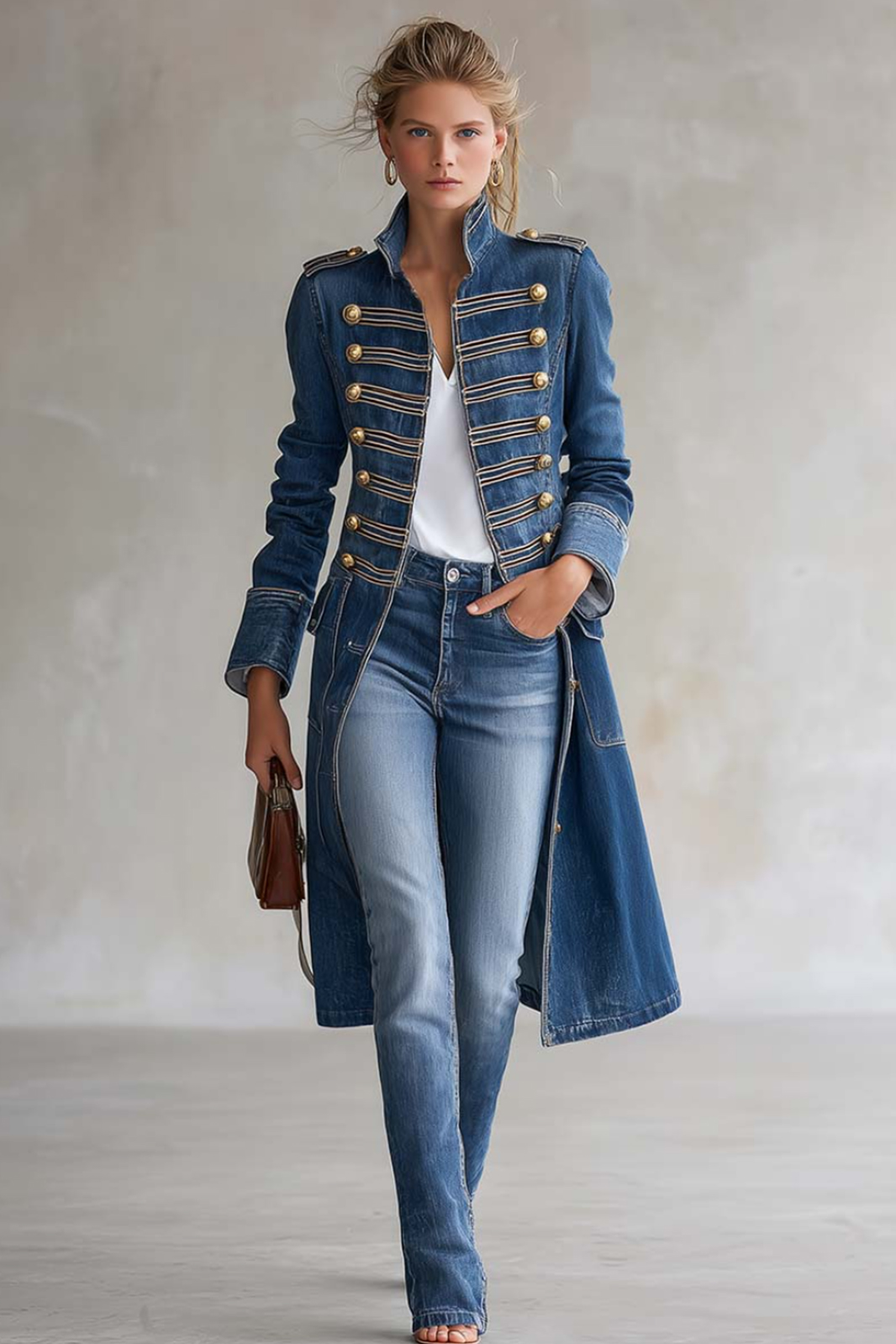 Vintage Washed Denim Military Officer Longline Gold Button Fitted Statement Coat Women