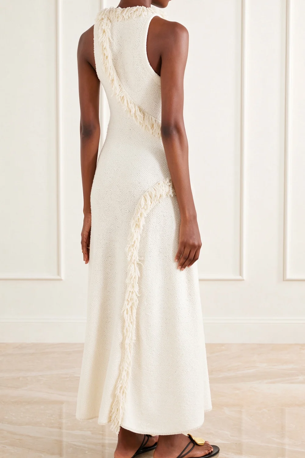White Tweed Knit Scoop Neck Sleeveless Fringe Trim Slit Maxi Dress [erp-image:45d9220f9b54eaf3bc98909a]