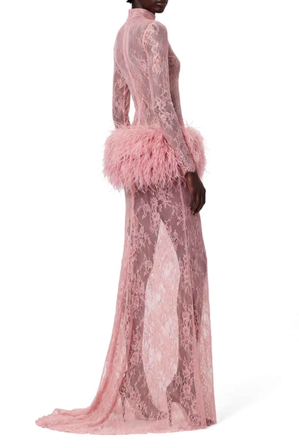 Pink Lace Long Sleeve Feather Trim Maxi Evening Dress [erp-image:f00c738bae2784fb7c8de4ea]