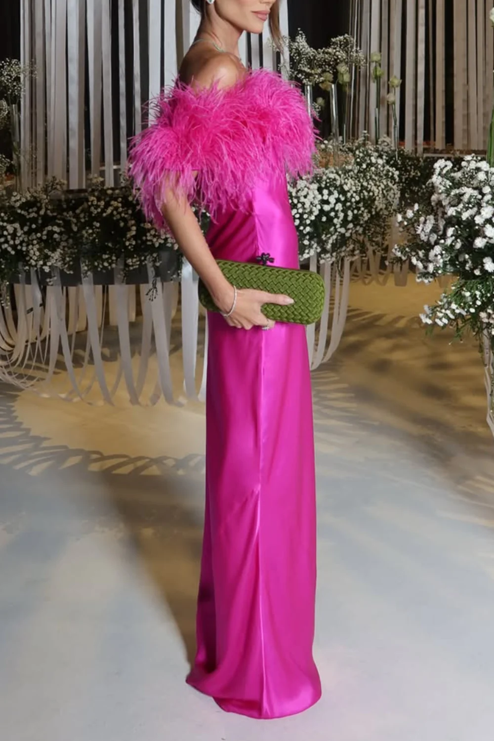 Hot Pink Feather Trim Off-the-Shoulder Satin Column Maxi Dress [erp-image:fcc9762ca3caed636d5856d4]