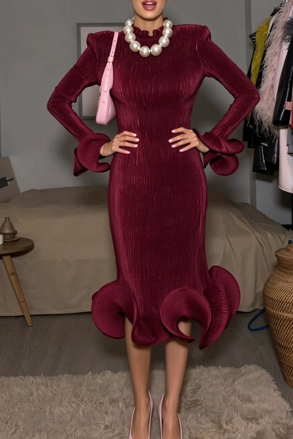Burgundy Pleated High Neck Long Sleeve Fluted Cuff Maxi Dress [erp-image:6c9e92ecf34883bb5deeced7]