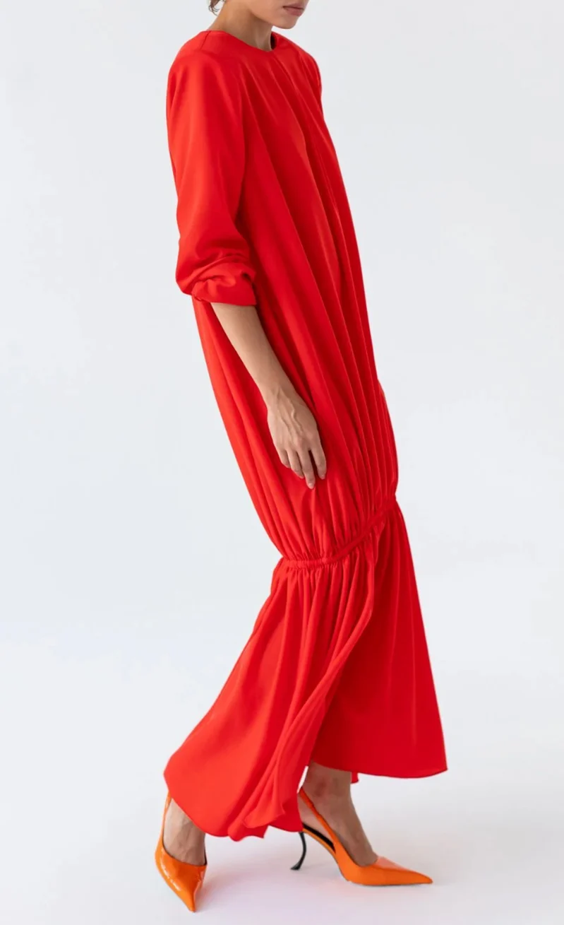 Red Padded Shoulder Long Sleeve Drop Waist Maxi Dress with Flounce Hem [erp-image:a688b607157081c8702ab437]