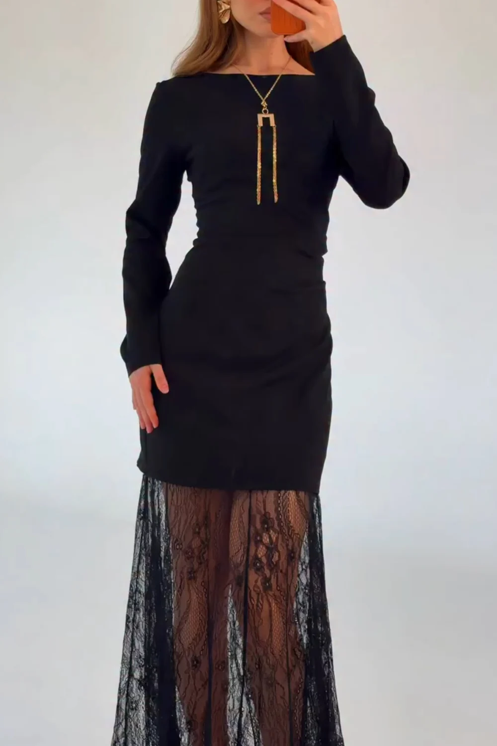 Black Long Sleeve Boat Neck Bodycon Maxi Dress with Sheer Lace Hem [erp-image:46bfd8aad68fef532630dbac]