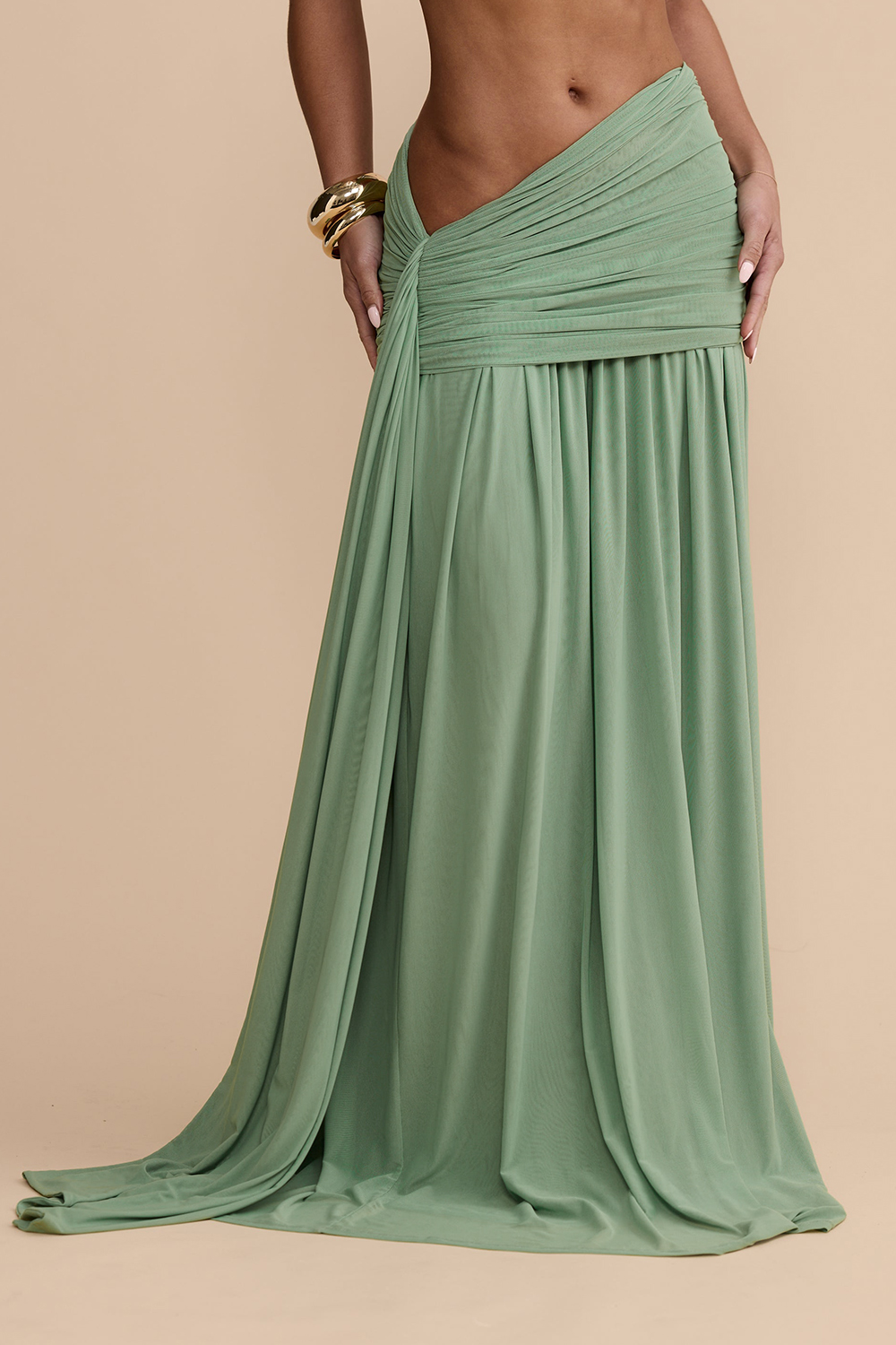 Women Ruched Mesh Off Shoulder Crop Top And Maxi Skirt Set