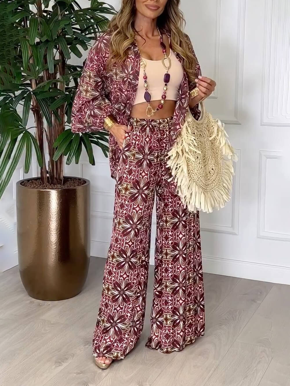 Unique Bold Floral Print Button-Up With Elastic Cuffs Oversized Shirt