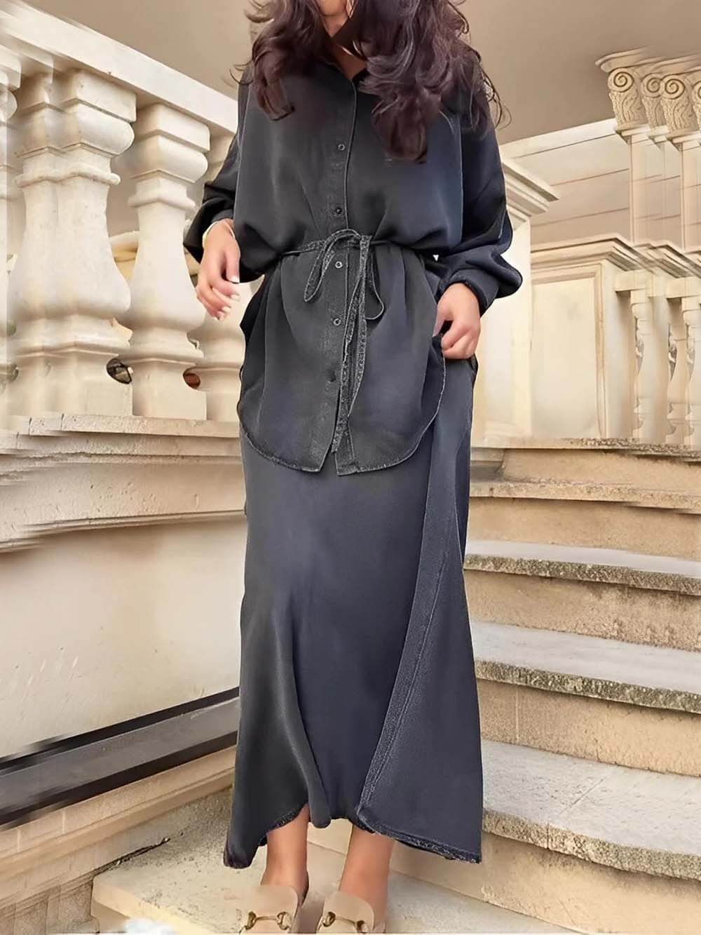 Fashion Casual Tie-Waist Loose Button-Up Top