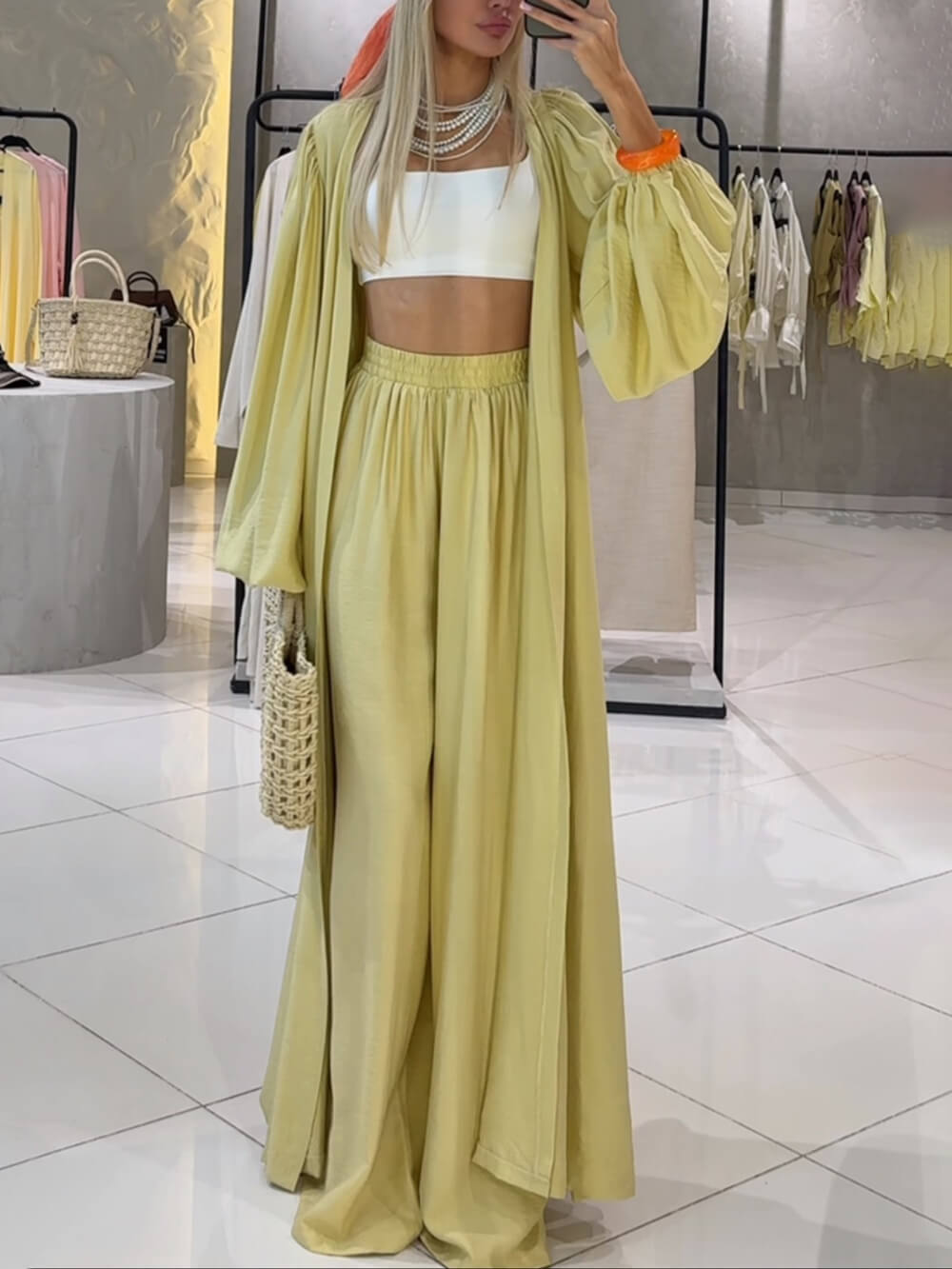 Unique Modern Feel Elastic High-Waist Wide-Leg Pants