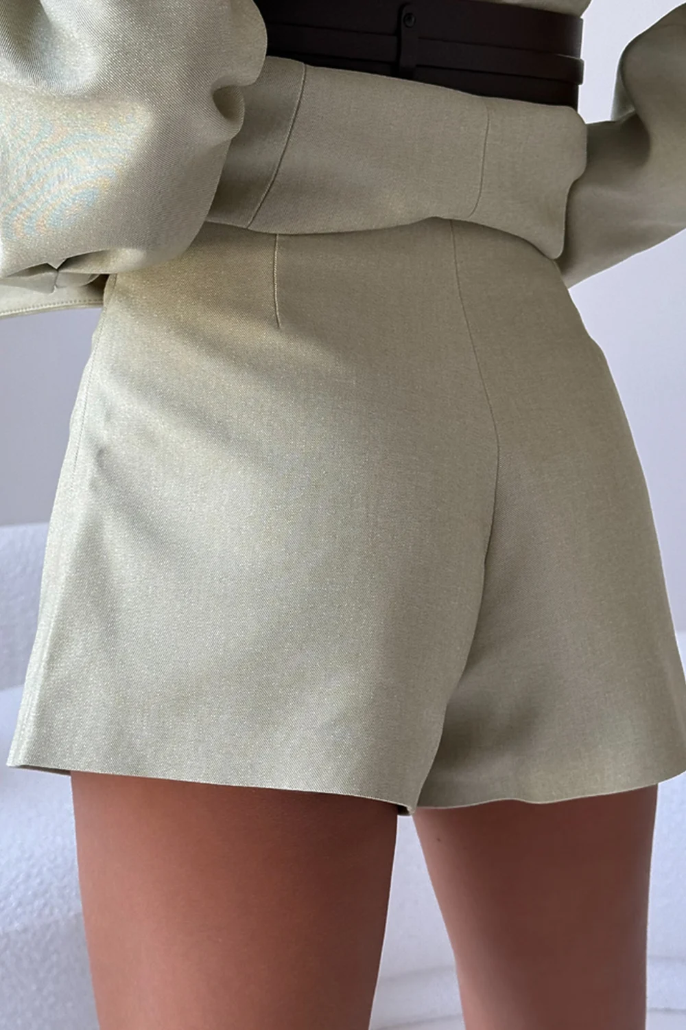 Sage Green Collarless Wrap Blazer and Tailored Shorts Two Piece Set