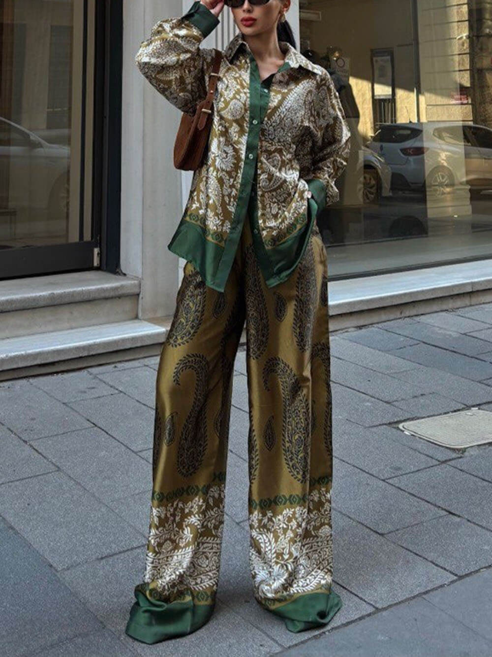 Modern Feel Contrast Color Paisley Unique Print Button Down Oversized Blouse